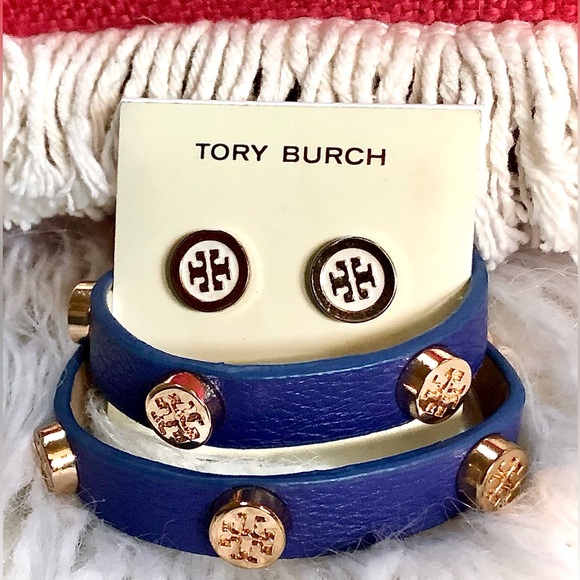Tory Burch Bracelet & Earrings Set Studded Double Wrap Leather NWOT - Picture 7 of 13